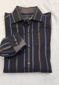Bugatchi Uomo Men's XL Black Blue Striped Cotton Long Sleeve Dress Shirt - Picture 1 of 8