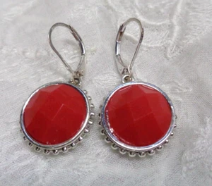 Estate Jewelry ~ NAPIER Silvertone RED CABOCHON Style Pierced Dangle Earrings - Picture 1 of 2