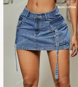 Cargo Minirock Damen großer Jeansrock Y2K Seitentaschen Jeansrock blau Grunge - Bild 1 von 4