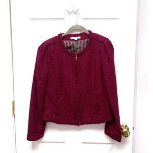 Cabi Cropped Bouclé Blazer, Burgundy Jacket, Fringe Trim, Women's Size 4 - Picture 1 of 7