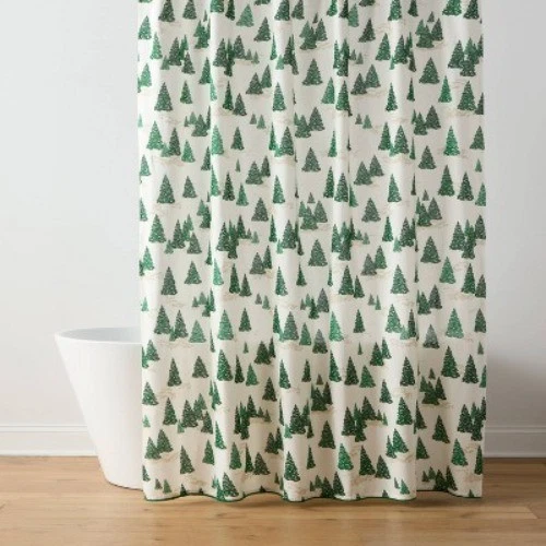 Занавеска для душа дерево с кружевной отделкой Pom Pom зеленая - порог - Изображение 1 из 4