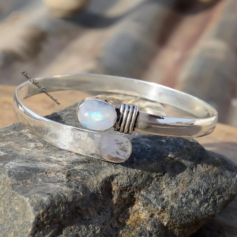 Moonstone Silver Bangle 925 Sterling Silver Women Silver Bracelets All SizeSH326 - Image 1 of 3