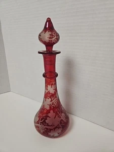 Bohemian Blown Glass Ruby Cruet or Fragrance Bottle Stopper Cut Grape Leaves 9" - Picture 1 of 9