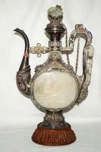 Mongolisches Silber Ewer m. weiße Jade Plakate Drache Haken Koralle Türkis (LeD) - Bild 1 von 12
