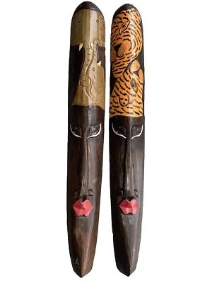 SET OF 2 40” ELEPHANT LION MASK HAWAIIAN WALL ART ISLAND HOME DECOR BAR TROPICAL - Image 1 of 2