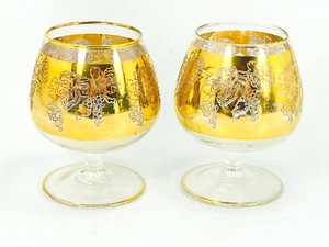 Vintage Pair Medici ? Arte Itallica Brandy Sniffer Barware Glasses Gold Overlay - Picture 1 of 13