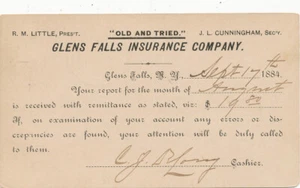 Glens Falls NY Insurance Co. Report Receipt 1884 * W. Adams Esq., Warren OH - Picture 1 of 2