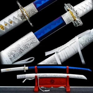Elegant White Katana Blue 1095 Carbon Steel Japanese Samurai Battle Ready Sword - Picture 1 of 15