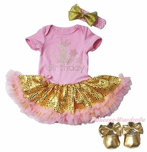 My 1ST Birthday Pink Bodysuit Gold Bling Sequins Girls Baby Dress Shoes NB-18M - Picture 1 of 1