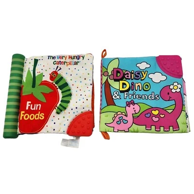 Набор из 2 мягких тканевых книг для младенцев и малышей — динозавры, веселые продукты - Изображение 1 из 3