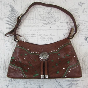 EUC American West Floral Hand Tooled Brown Leather Turquoise Purse Handbag Hobo - Picture 1 of 9