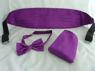 ESSENTIALS BY MANUEL < GG > Cadbury Purple MENS Polyester Bow tie + Cummerbund and Hankie Set