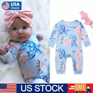 Newborn Baby Bodysuit Romper Infant Girl Jumpsuit +Headwear Kids Clothes Outfit - Picture 1 of 11