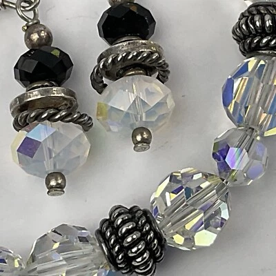 Vtg Sterling & Aurora Borealis Clear Faceted Round Bead Bracelet Earring Set - Image 1 of 4