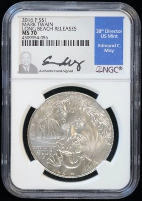 2016-P Silver Commemorative $1 NGC MS 70 Mark Twain Moy Signed Commem Long Beach - Image 1 of 4