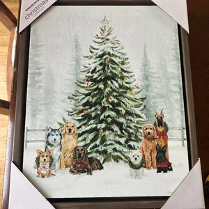 Arte de pared en lienzo de árbol de Navidad, pintura de árbol con luces y perros escena de invierno - Imagen 1 de 14