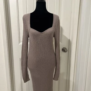 Gap Long Sleeve Sweetheart Neckline Rib Midi Sweater Dress Quail Brown Women’s M - Picture 1 of 14