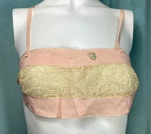 Vintage 1910 1920s Early Filet Lace Bra Peach Rosette 20s Flapper - Picture 1 of 4