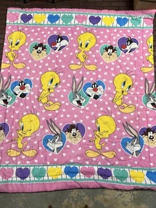 Vintage Looney Tunes Bed Comforter Girls Pink 1994 Warner Bros Tweety Taz Bugs - Picture 1 of 4