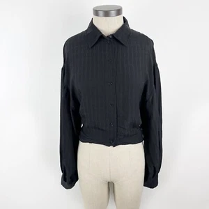 H&M Blouse Size 10 Black Balloon Long Sleeve Button Front Tie Back Crop Top - Picture 1 of 13