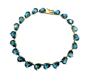 Solid 10K Yellow Gold 24 ctw Blue Topaz Tennis Bracelet 7 Inch - Picture 1 of 11