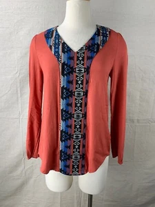 LOVERICHE Womens Small Tunic Blouse Long Sleeve Orange Aztec - Picture 1 of 11