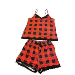 Chicme Women's Lace Trim Silky Tank and Shorts Pajama Set Red Buffalo Plaid - Picture 1 of 8