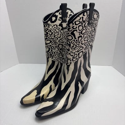 Sweet Beauty Women's Size 10 Rubber Cowboy Boots Leopard Zebra Print Discolored - Image 1 of 4