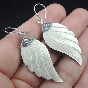 925 Sterling Silver Carved Wing Shaped Natural Shell Earrings Jewellery NSE-176 - Picture 1 of 8