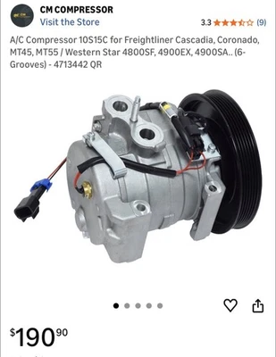Compresor de aire acondicionado 10S15C para Freightliner Cascadia, Coronado, MT45, MT55 / Western Foto 1 de 4