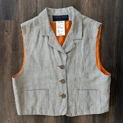 Chaleco vintage de mezcla de lino a rayas cuello en V abotonado para mujer talla 12 pequeño Foto 1 de 4