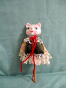 Cat in Satin Dress on a stick ceramic/porcelain face and hands 6 1/2" - Picture 1 of 3