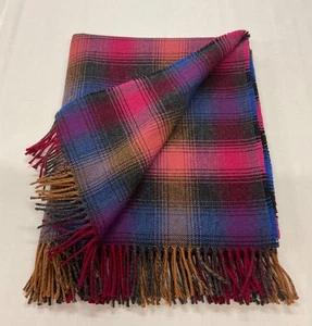 PURE WOOL Fringed Throw/Blanket/UK WOVEN. Pink/Multicolour Check . Free P+P - Picture 1 of 1