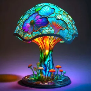 3D Vintage Stained Glass Plant Series Table Lamps Mushroom Creative Light Resin - Picture 1 of 21