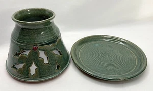 Moss Green Studio Art Pottery Holly Leaf Cut Outs Jar Hood & Plate~Artist Signed - Picture 1 of 11