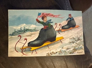 Botas Woonsockets Arctics de principios de 1900 tarjeta comercial de colección con bandera estadounidense X98 - Imagen 1 de 2