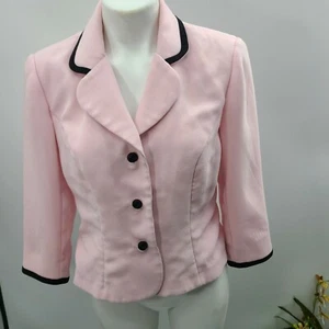 K Studio Pink and Black Piping 3/4 sleeve Collared Blazer Size 8 Suit Jacket Top - Picture 1 of 12