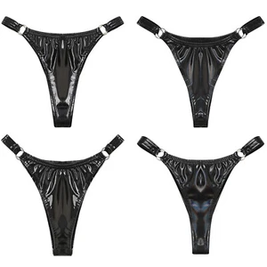 Womens Sexy Glossy Patent Leather Thong Elastic Low Waist Underwear Clubwear - Picture 1 of 39