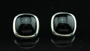 TIFFANY & CO. STERLING SILVER, BLACK ONYX CABOCHON EARRINGS - Picture 1 of 4
