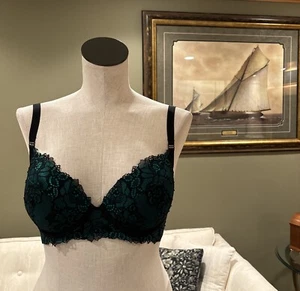 Fredericks of Hollywood Green w/Black Lace Underwire Push Up Bra 32D - Picture 1 of 9