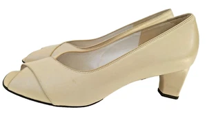 Gabor Women Beige/Cream Leather Peep Toe Low Block Heel Slip On Court Shoes UK 8 - Picture 1 of 16