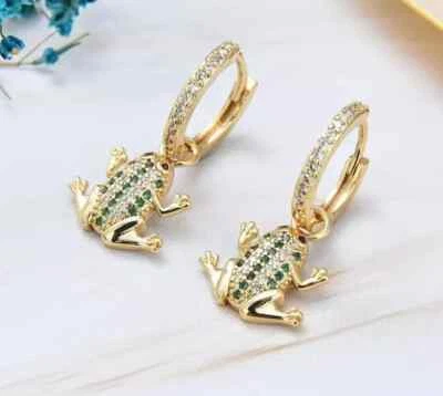 14K Yellow Gold Over 1.5Ct Round Cut Moissanite Green Emerald Frog Hoop Earrings - Image 1 of 4