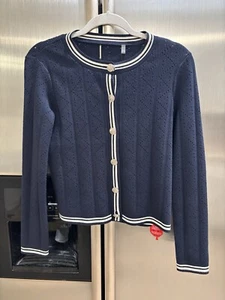 Cárdigan Elie Tahari azul marino oscuro/blanco suave tejido con botones XS NUEVO CON ETIQUETAS $195 - Imagen 1 de 6