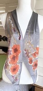 Vtg VERA NEUMANN 80s 70s Silk Pony Tail Scarf 64 x 7” Gray Red Wildflowers - Picture 1 of 7