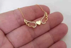 2Ct Round Lab Created Diamond Angel Wings Pendant Chain 14K Yellow Gold Plated - Picture 1 of 6