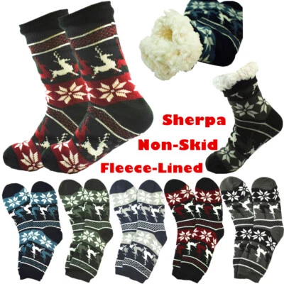 Mens Cozy Fuzzy Thick Sherpa Fleece Lined Deer Knit Non-Skid Slipper Socks LOT - Image 1 of 4