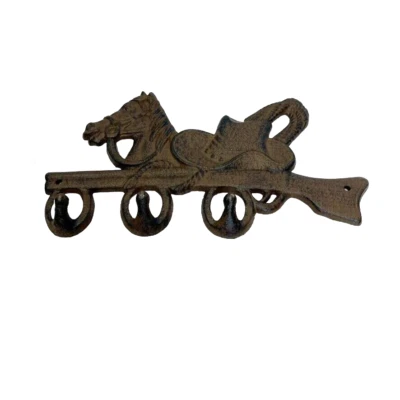 Sombrero de caballo occidental de hierro fundido colgador de pared 3 ganchos, marrón rústico con detalles negros Foto 1 de 4