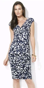 Ralph Lauren Damen 18W Rüschen Jersey Stretch Kleid Faux Wickel Blau V Ausschnitt Etui - Bild 1 von 11
