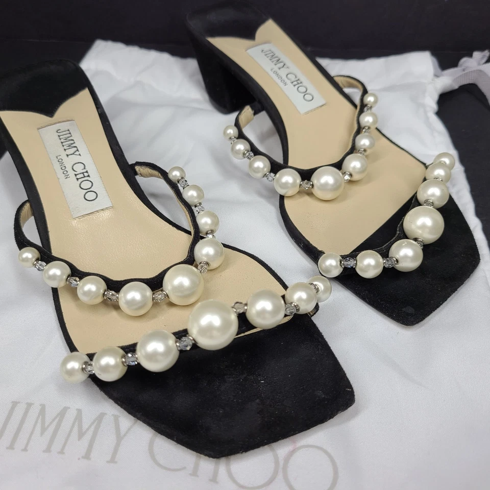 Jimmy Choo Amara 45 замшевые мулы жемчужное украшение блочный каблук Италия черный размер 6 - Изображение 1 из 4