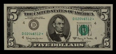 FR 1968-D* $5 1963 A Federal Reserve Note US - Star Note - SKU-CA1302 - Image 1 of 2